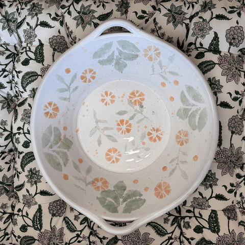 Fado 'Stencil in Dark Green, Pale Green and Peach' Glazed Terracotta Bowl by Sthal of Sweden - Curated Living