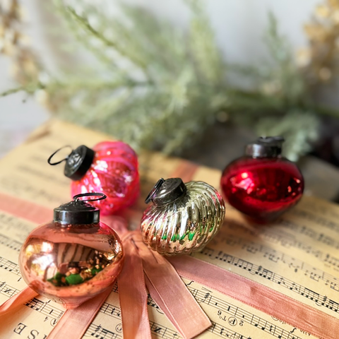 Glass 'Gala Geranium' Christmas Tree Decorations - Set of Four - Curated Living