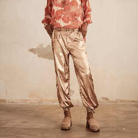 Gold Rose 'Jatziri' Metallic Fluid Pants by NKN Nekane - Curated Living