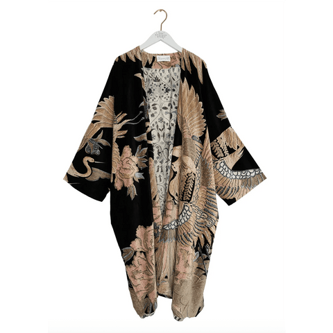 Grande 'Crane Black Velvet' Kimono by One Hundred Stars - Curated Living