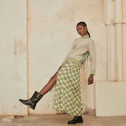 Green 'Hema' Long Floral Print Skirt by NKN Nekane - Curated Living