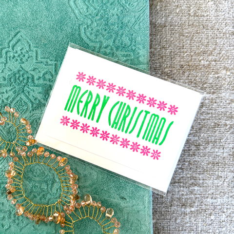 Greeting Card 'Green Merry Christmas with Pink Snowflakes' by Cold Ash Press - Curated Living