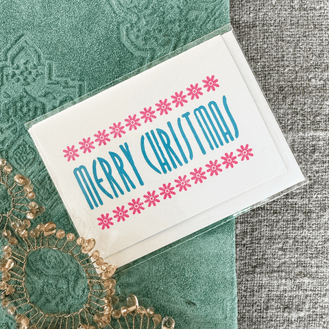 Greeting Card 'Light Blue Merry Christmas with Pink Snowflakes' by Cold Ash Press - Curated Living