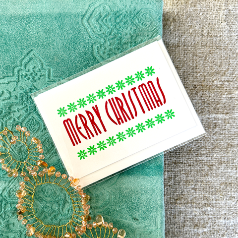 Greeting Card 'Red Merry Christmas with Green Snowflakes' by Cold Ash Press - Curated Living