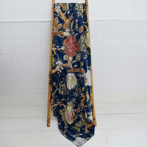 Hand Stitched 'Kantha' Throw 'Blue Carnation' by Powell Craft - Curated Living