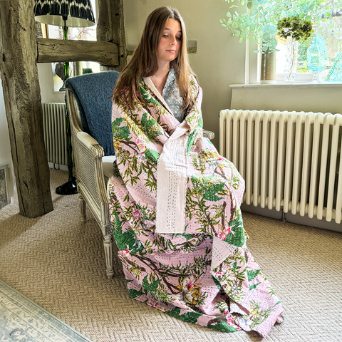 Hand Stitched 'Kantha' Throw 'Pink Stargazer Lily' by Powell Craft - Curated Living