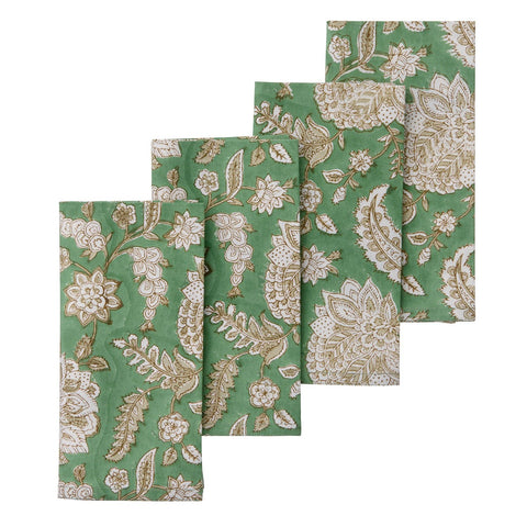 Napkins 'Yamini Sage' Hand Block Printed Cotton Set of Four by Bungalow of Denmark - Curated Living