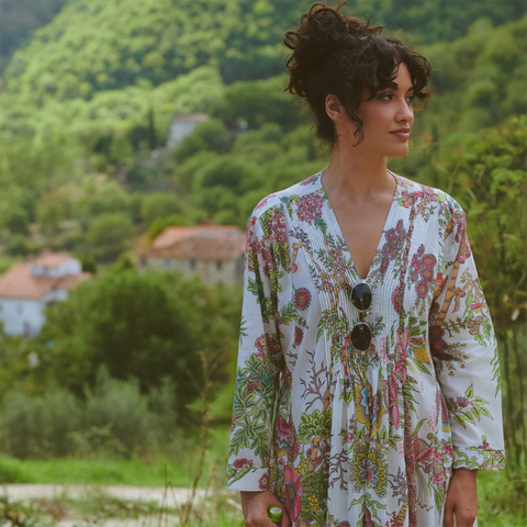 Pinch Pleat 'Boho Garden Ecru' Dress by One Hundred Stars