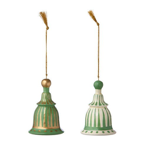 Papier Mâché 'Gaya Green and White 8cm' Bells Box of Two by Bungalow of Denmark - Curated Living