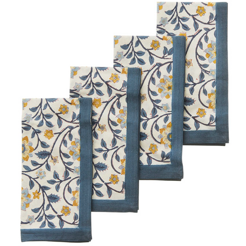 Napkins 'Roja Indigo' Hand Block Printed Cotton Set of Four by Bungalow of Denmark