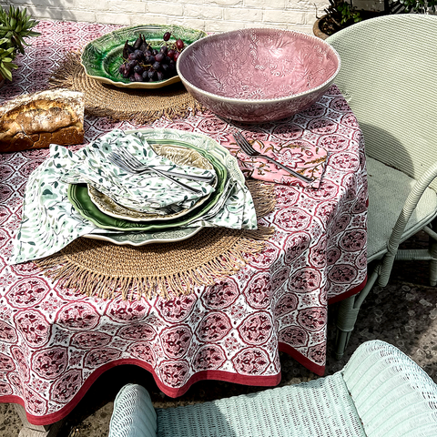 Tablecloth 'Kamal Rose' Hand Block Printed Cotton by Bungalow of Denmark - Curated Living