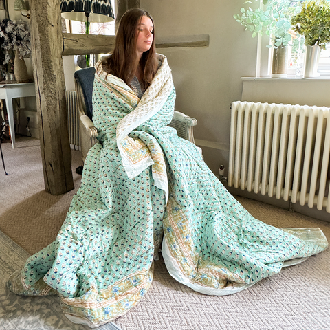 'Turquoise, Navy and Mustard Block Print' Double Quilted Throw by Powell Craft - Curated Living