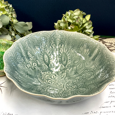 Crackle Glaze Fluted Salad Bowl. Antique Green. By Sthal.