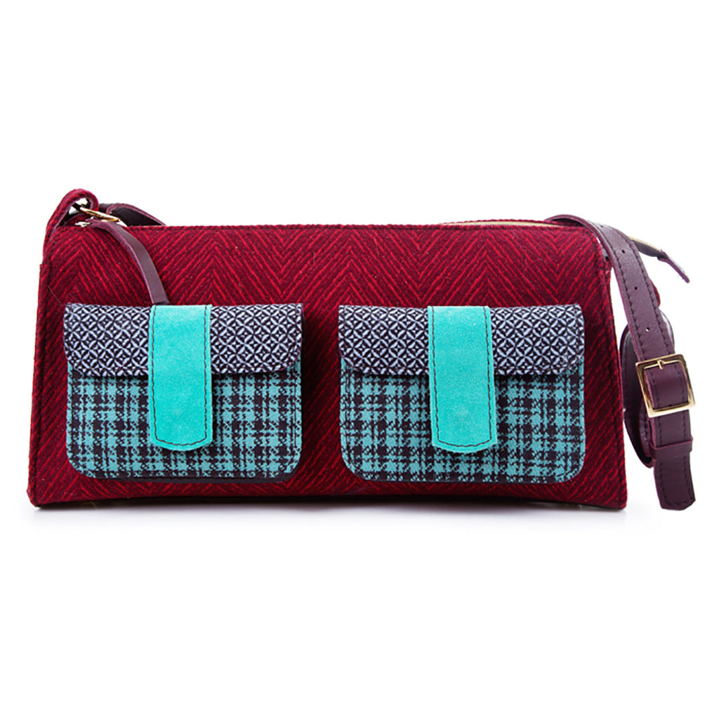 2 Pocket Fabric and Leather Handbag. Red and Green.
