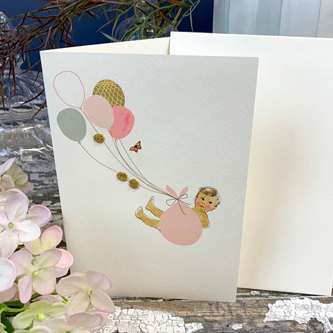Greeting Card 'New Baby Girl Balloons' by Artist Elena Deshmukh