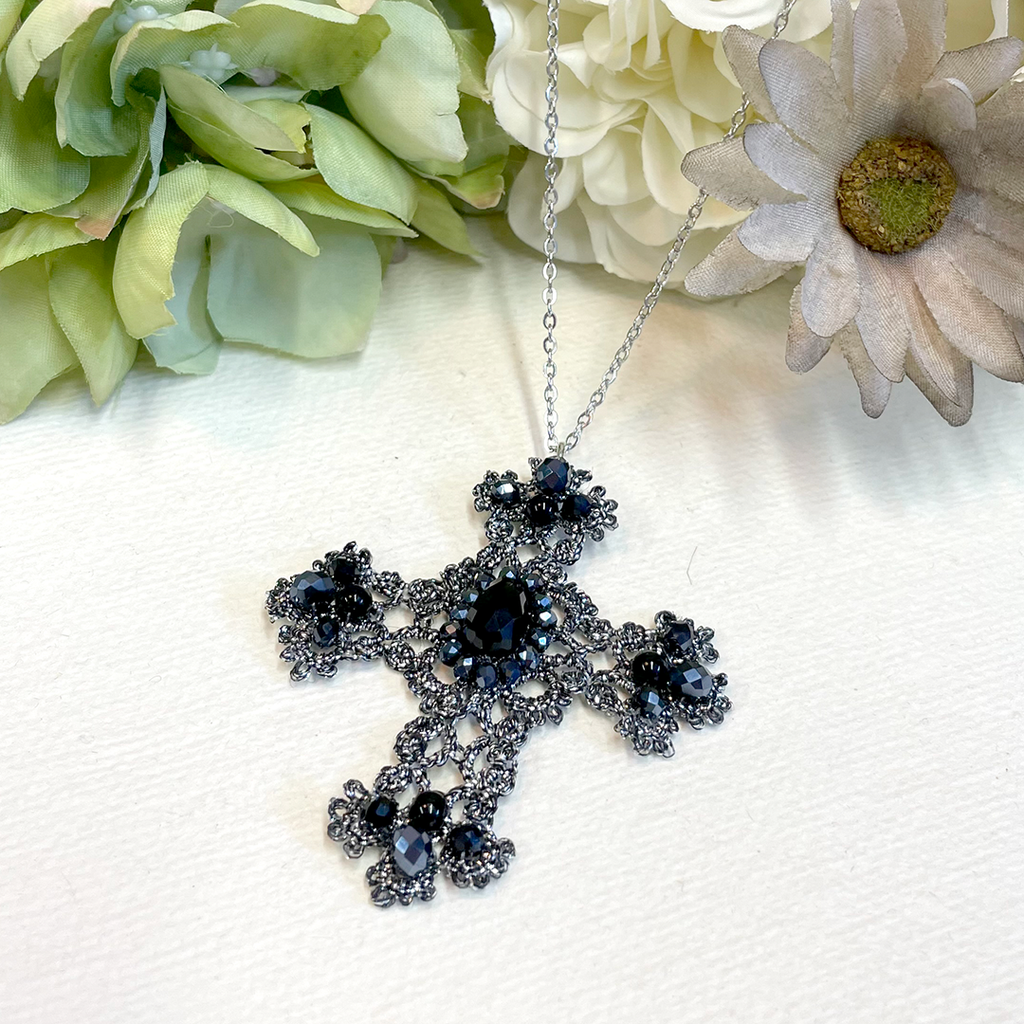 Black Crystal Cross Pendant on a Black Beaded N... - Folksy