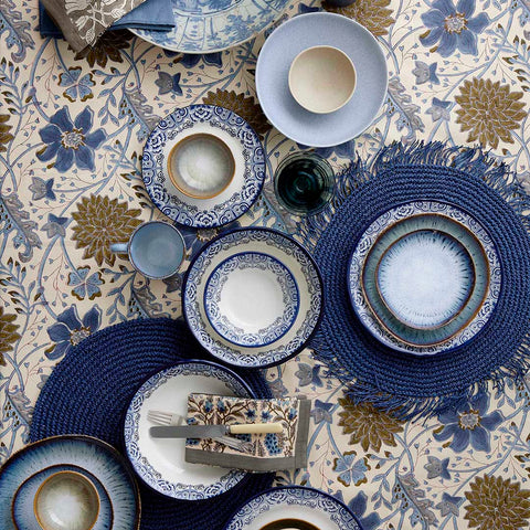 Hand Block Printed Tablecloth, Sitapur Flowers, Blue.
