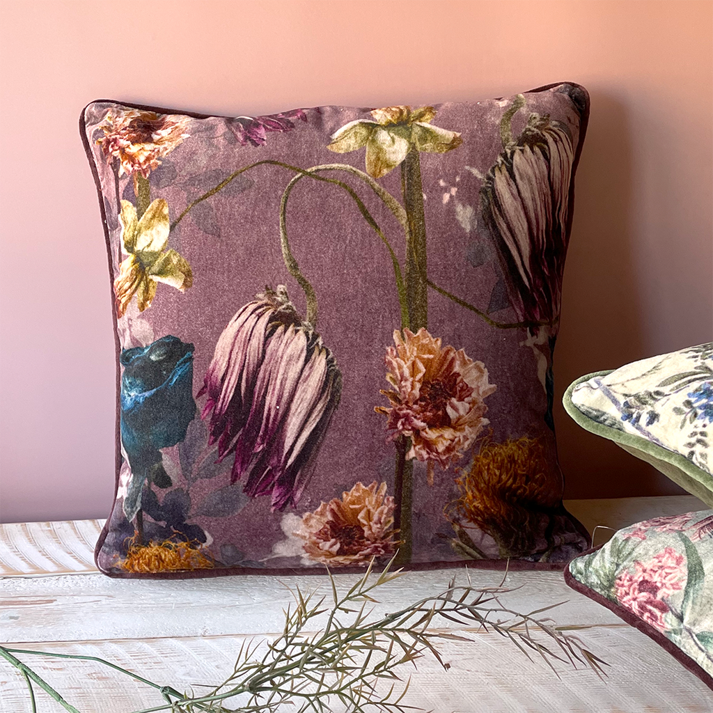 Purple Dahlia Velvet Cushion.