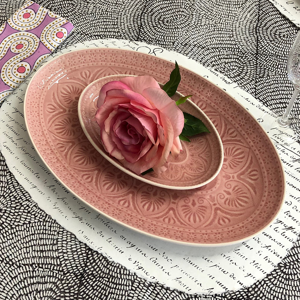 Pink Patterned Crackle Glaze Oval Dish. Small.