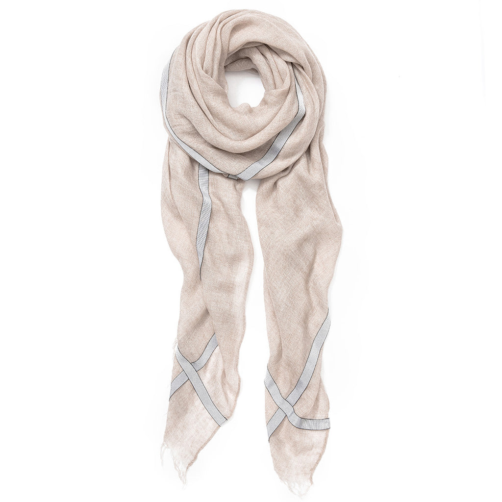 Feneun Limited Edition Cashmere Beige Scarf with Silver Grey Ribbon Detail.