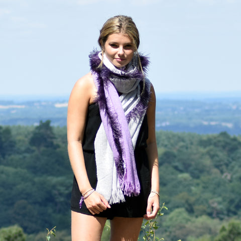 Feneun Virgin Wool and Cashmere Scarf with Ostrich Feather Trim. Lilac Gradient.