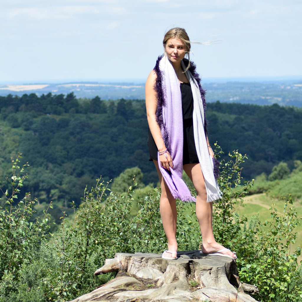 Feneun Virgin Wool and Cashmere Scarf with Ostrich Feather Trim. Lilac Gradient.