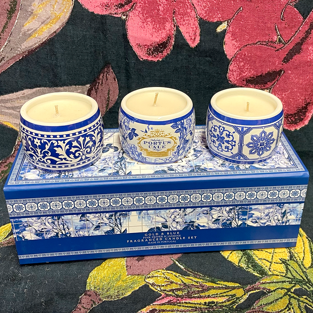 Portus Cale Gold & Blue Candle Set of 3.