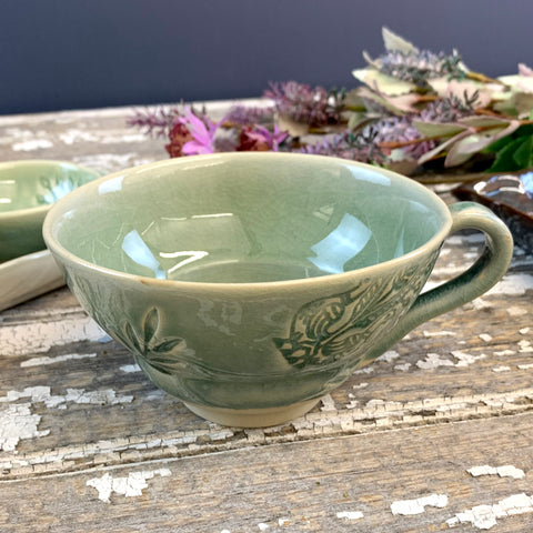 Crackle Glaze Antique Green Cup with Handle.