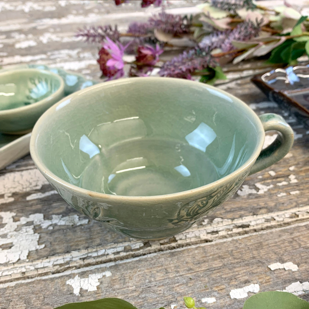 Crackle Glaze Antique Green Cup with Handle.