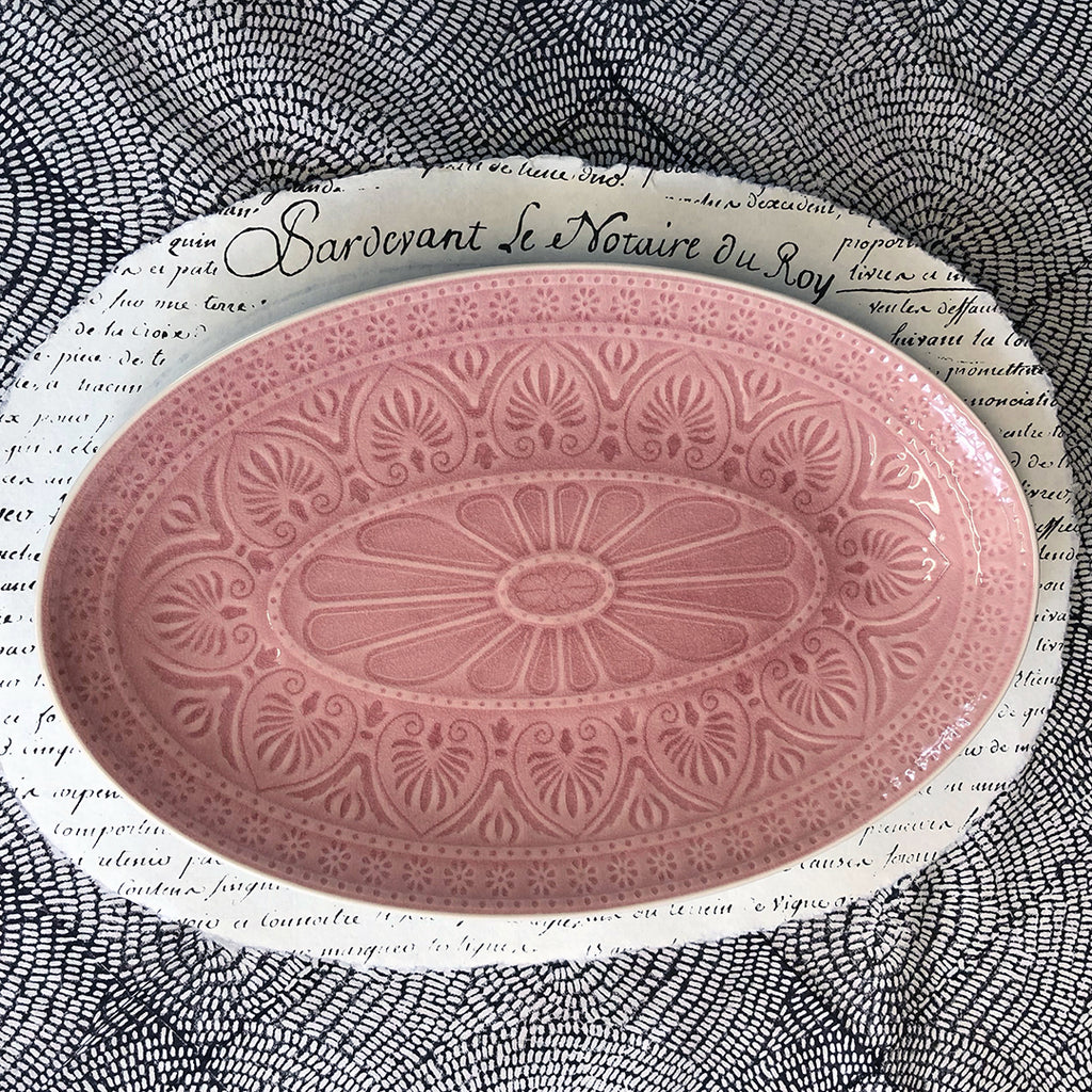 Pink Patterned Crackle Glaze Oval Dish. Small.
