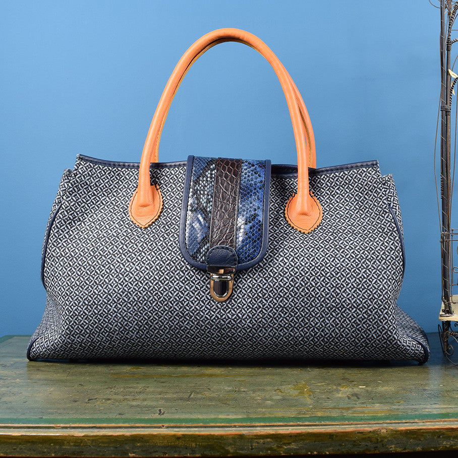 Large Blue and Orange Leather and Fabric Handbag.