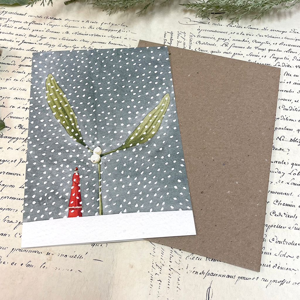 Laura Stoddart Card, Christmas Mistletoe in Snow.
