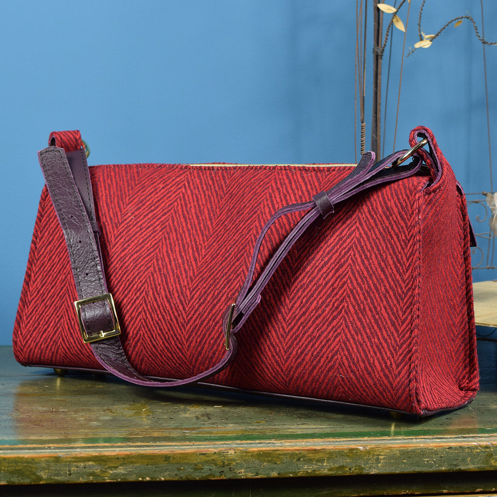 Red and green fabric handbag