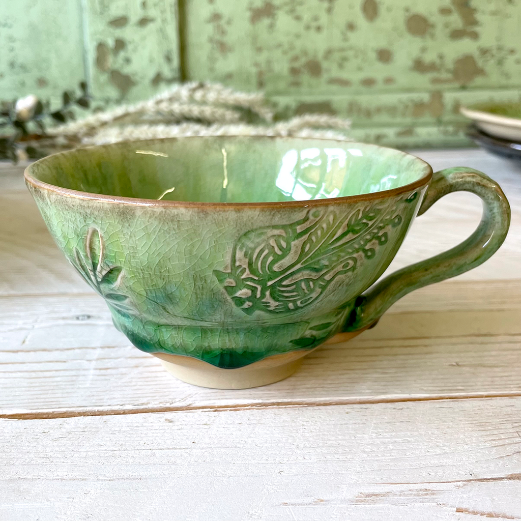 Crackle Glaze Seaweed Green Cup with Handle.
