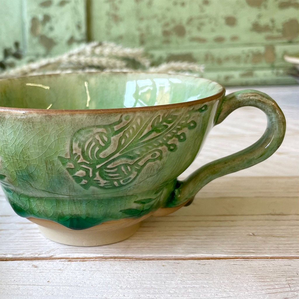Crackle Glaze Seaweed Green Cup with Handle.