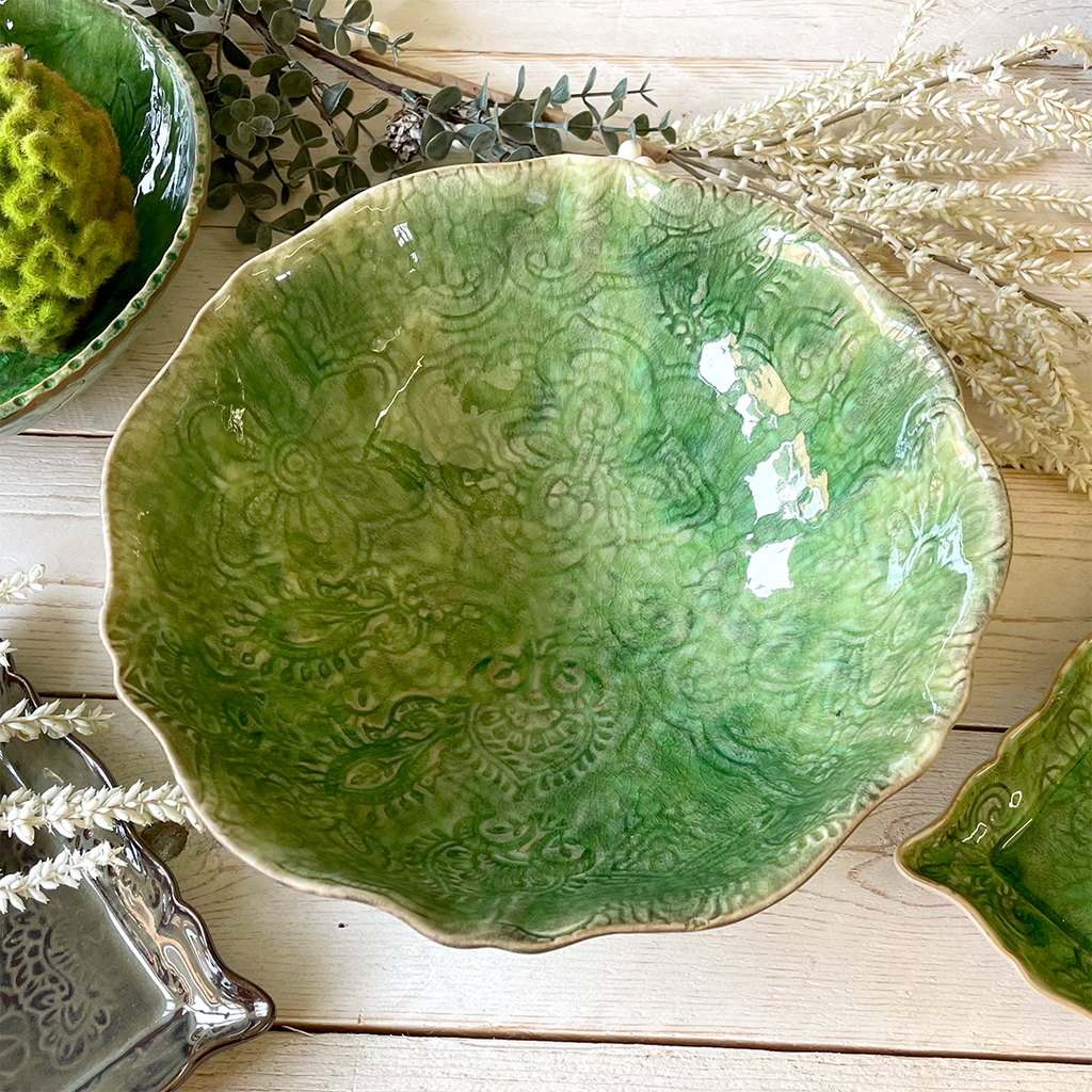 Crackle Glaze Fluted Salad Bowl. Seaweed Green. By Sthal.