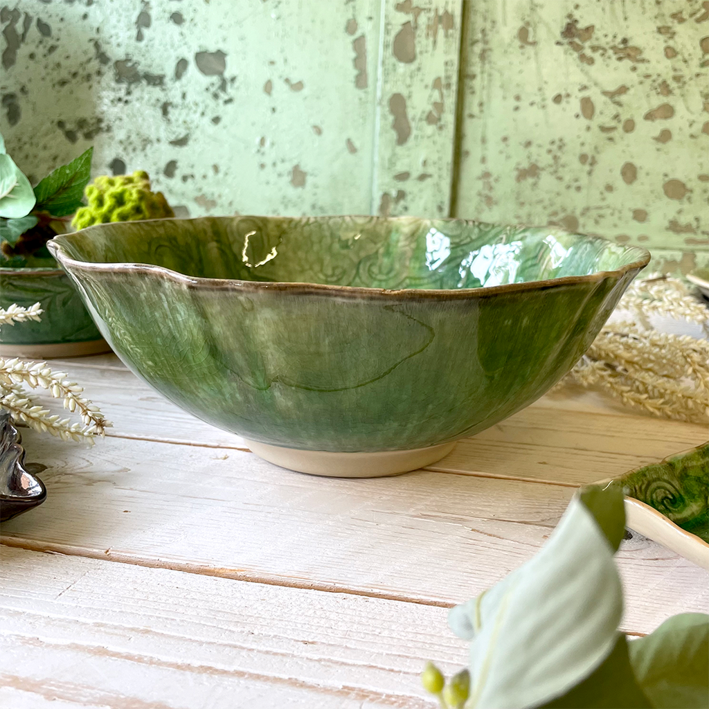 Crackle Glaze Fluted Salad Bowl. Seaweed Green. By Sthal.