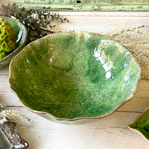 Arabesque Fluted Salad 'Bowl' crackle glazed in 'Seaweed' by Sthal of Sweden - Curated Living