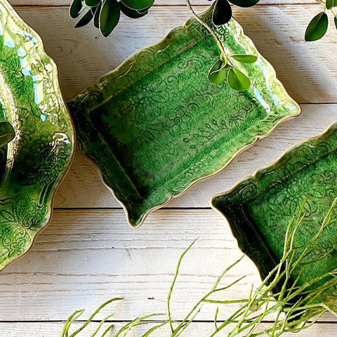 Arabesque Rectangular 'Appetiser Plate' crackle glazed in 'Seaweed' by Sthal of Sweden - Curated Living