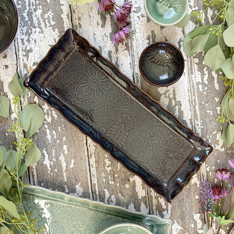 Arabesque Rectangular 'Tray Dish' Plate crackle glazed in 'Fig' by Sthal of Sweden - Curated Living