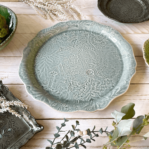Arabesque 'Round Serving Pizza Plate' crackle glazed in 'Antique' by Sthal of Sweden - Curated Living