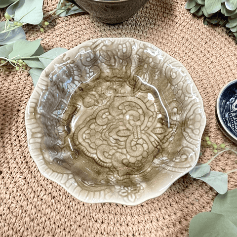 Arabesque 'Small Bowl' Fluted Flat Base crackle glazed in 'Sand' by Sthal of Sweden - Curated Living