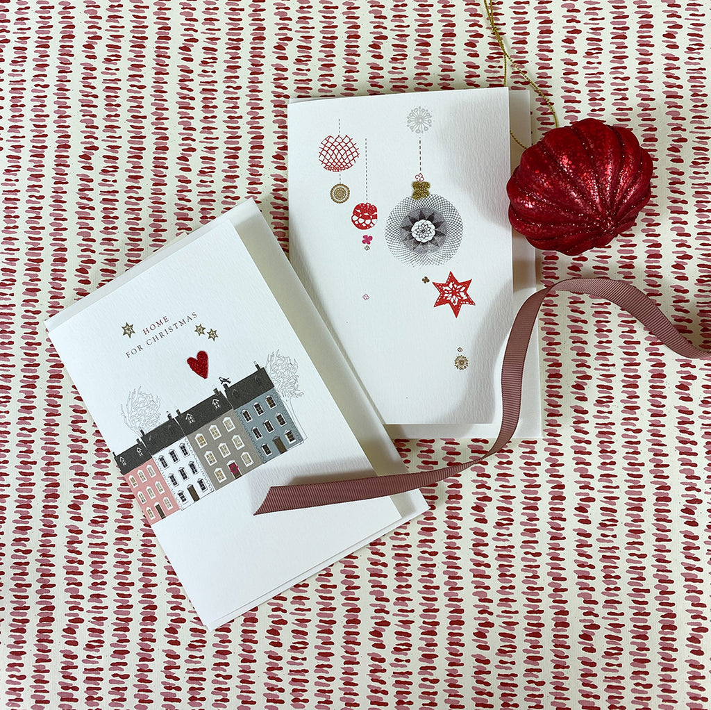 Elena Deshmukh Card, Red Christmas Baubles Christmas Card.