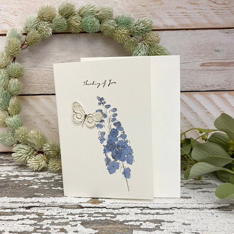 Greeting Card 'Delphinium Butterfly Thinking of You' by Artist Elena Deshmukh - Curated Living