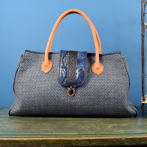 Large Blue and Orange Leather and Fabric Handbag. - Curated Living
