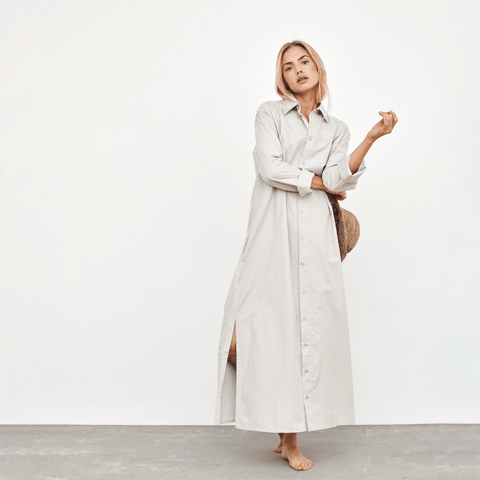 Pale Taupe Organic Cotton Long Shirt Dress. - Curated Living