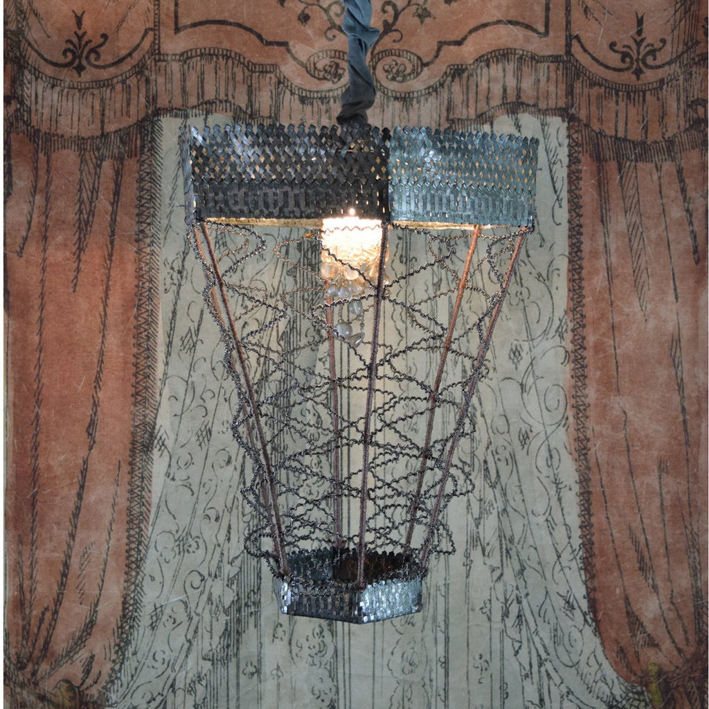 'Vintage Metal Silver Beaded Lantern Chandelier by Merci Louis of France - Curated Living